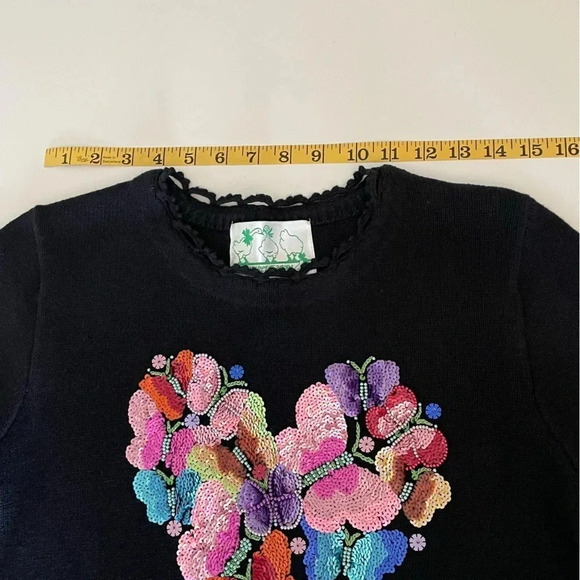 Quacker Factory XS Black Heart Tunic Sweater Ramie And Cotton Beaded Butterflys - Picture 14 of 15